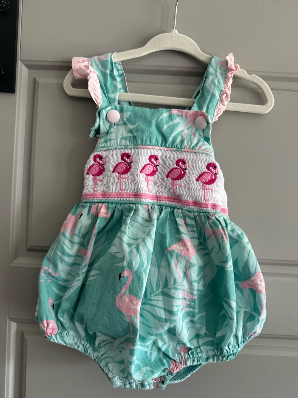 Lil Cactus Teal & Pink Flamingo Smocked Bubble Romper - Kids